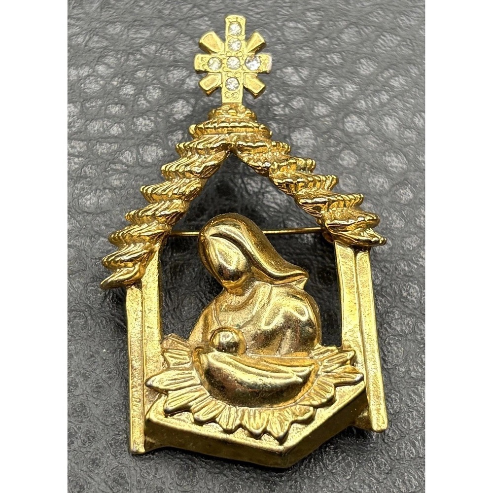 Butler Gold Tone Mother Mary Baby Jesus Nativity Brooch Pin Christmas